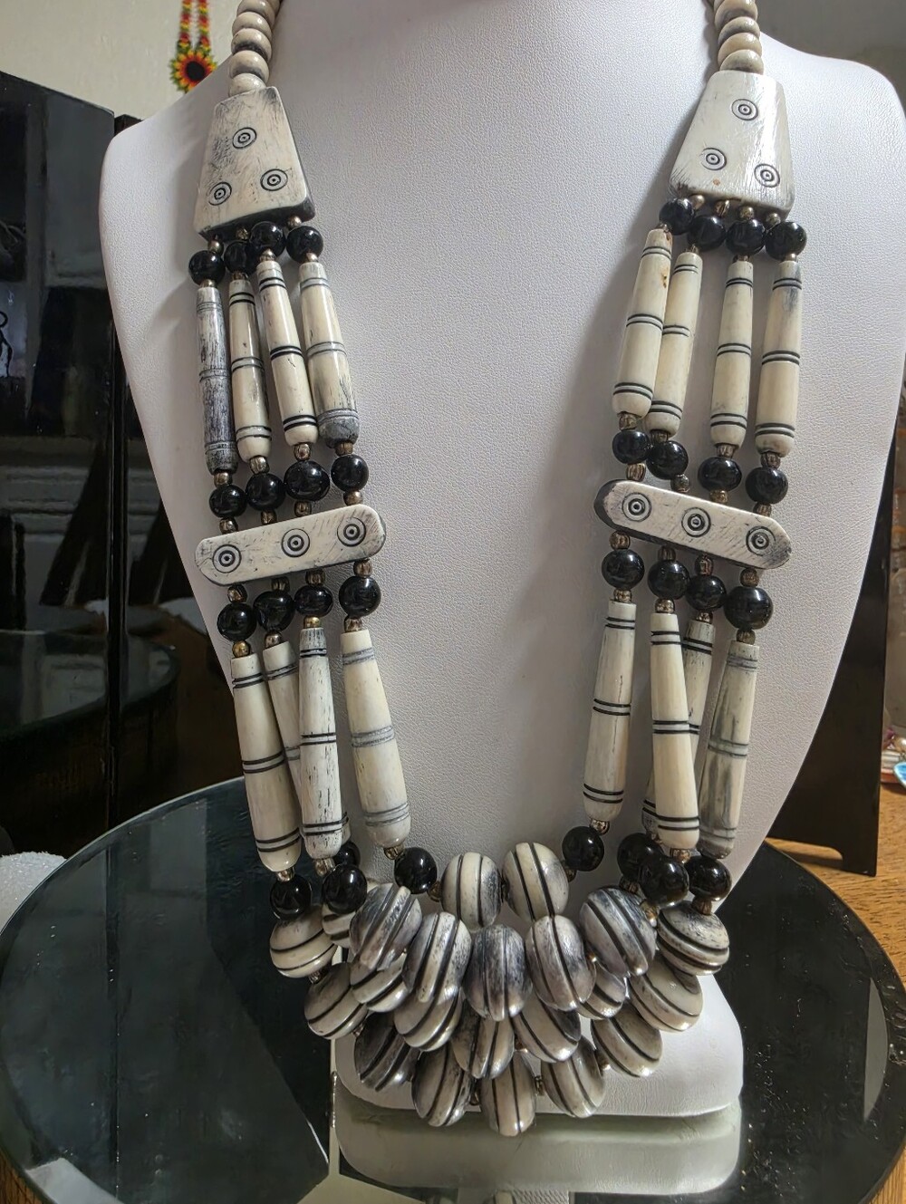 Artisan Tribal Carved Batik Bone and Glass Beaded Multi Strand Necklace